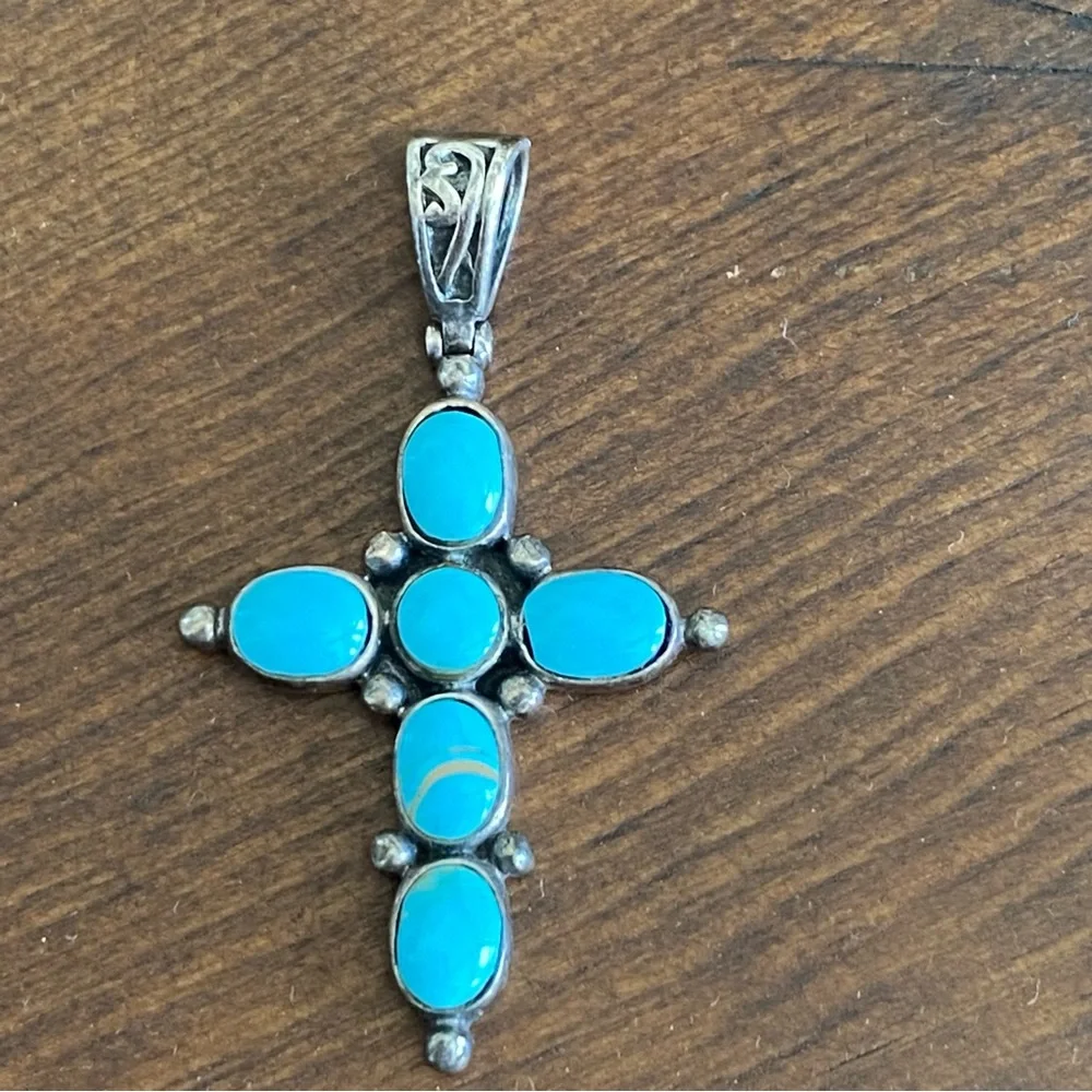 Sterling Silver Turquoise Cross Pendant Vintage Southwest Boho Artist Signed - Picture 12 of 12